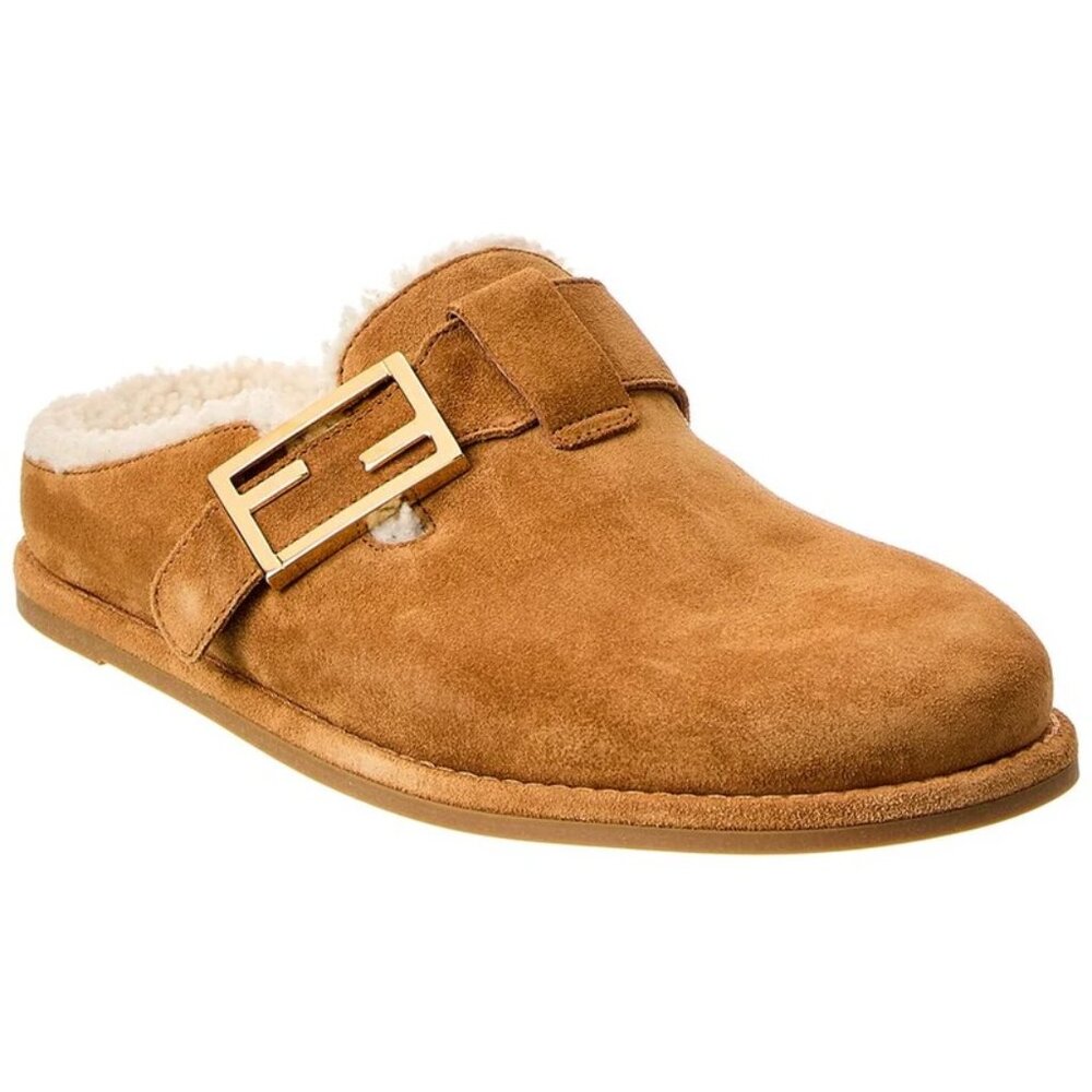 FENDI Feel FF Shearling Buckled Sabots Mules Slides Flat Clog Sandals - Picture 1 of 15